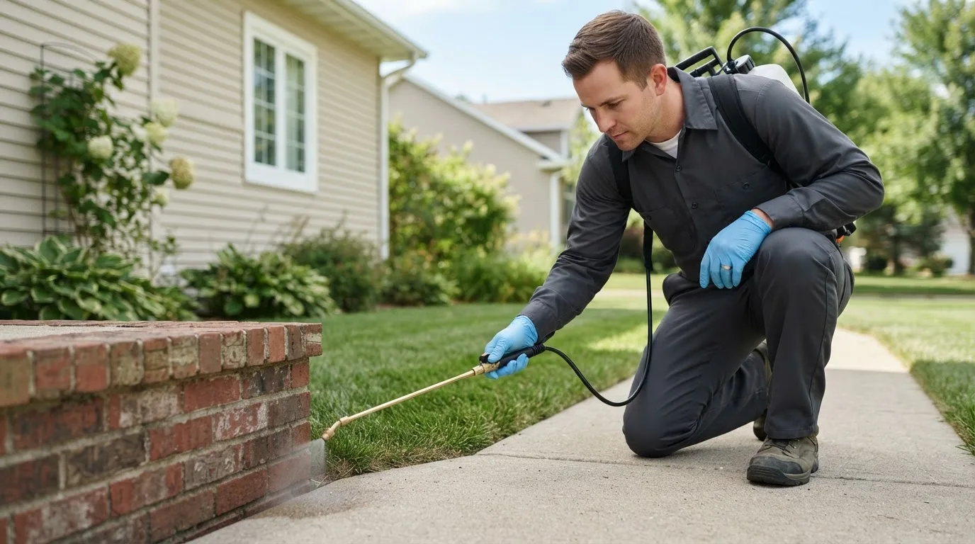 Pest control technician treating a home near Collinsville, OK
