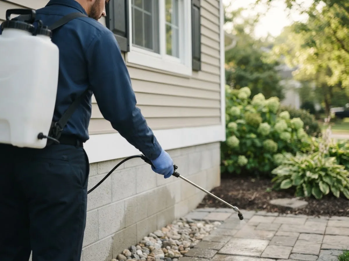 Pest control technician inspecting a home in Collinsville, OK